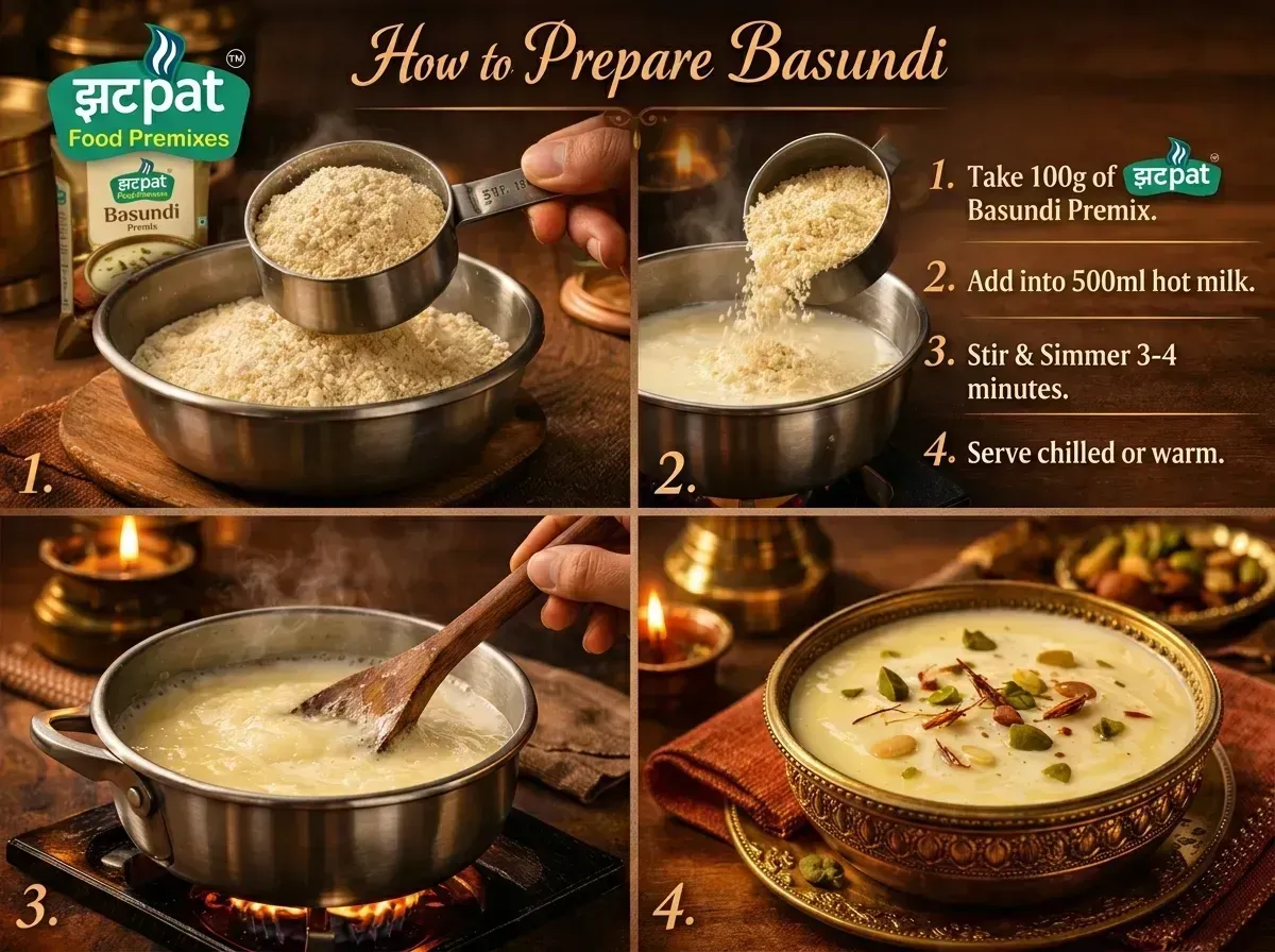 Step-by-step how to prepare instant basundi premix with milk β traditional Indian dessert recipe in 4 easy steps
