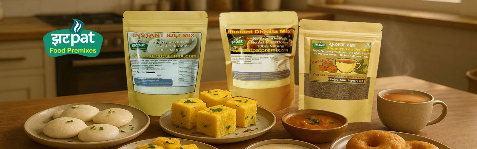 A collection of Zatpat Food Premix pouches — Idli, Dhokla, Dosa, Medu Vada, Kheer, and Jaggery Tea — neatly arranged on a kitchen table beside freshly prepared dishes.
