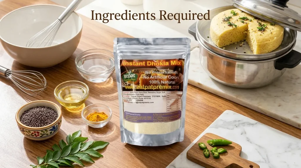 Ingredients required for instant dhokla using Zatpat Food Premixes dhokla premix