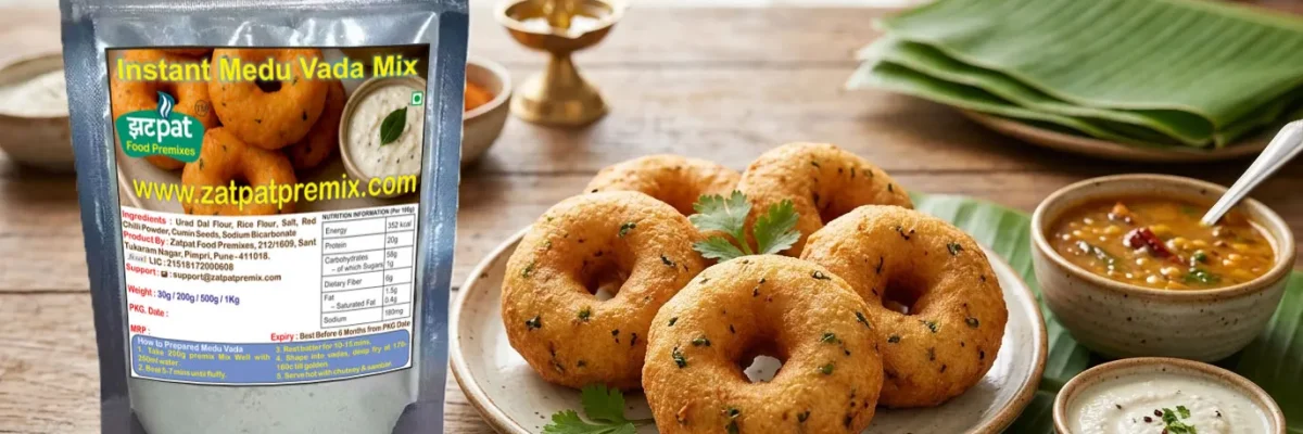 Crispy instant medu vada made using Zatpat Food Premixes served with chutney and sambar