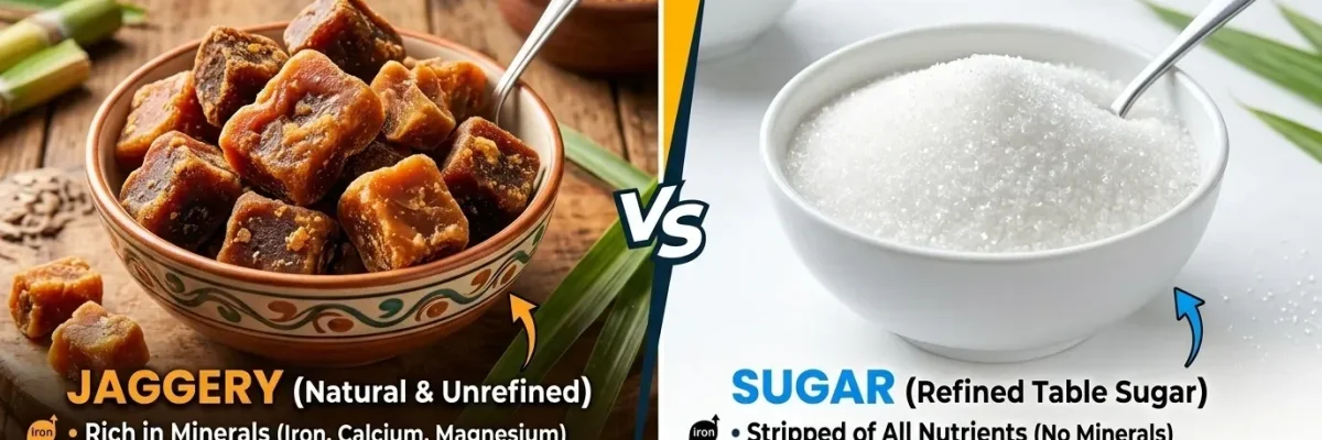 Jaggery vs sugar comparison showing health benefits and differences