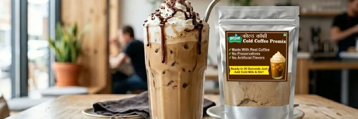 Creamy instant cold coffee topped with whipped cream made using premix