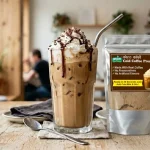 Creamy instant cold coffee topped with whipped cream made using premix