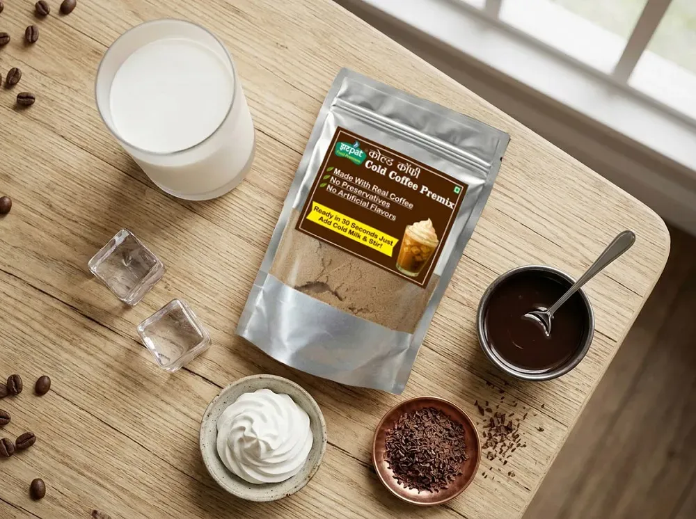 Ingredients required for instant cold coffee with premix, milk, and ice cubes
