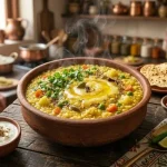 Healthy Indian Khichdi served in a bowl with ghee, papad, pickle and curd